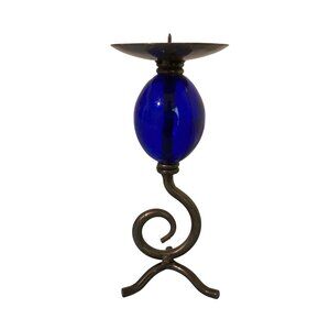 Vintage Blue Glass And Metal Scroll Candle Holder